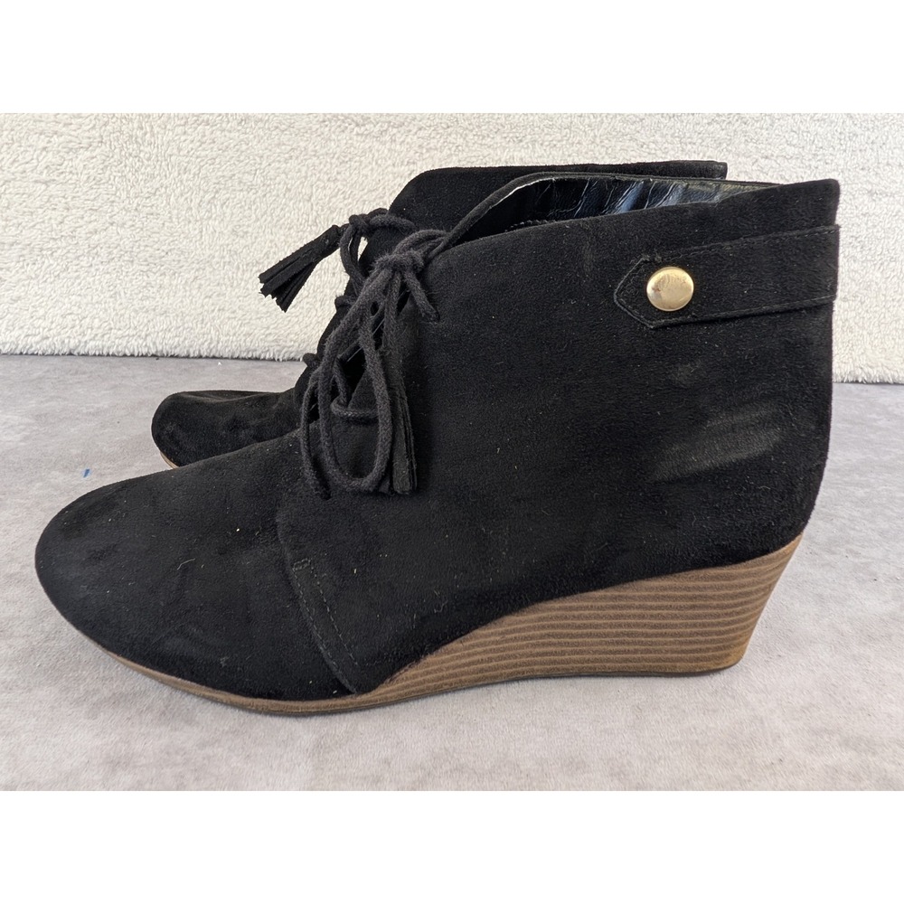 Dr. Scholls Kapture Black Suede Fabric Wedge Booties Tassel Lace Up Womens 8M